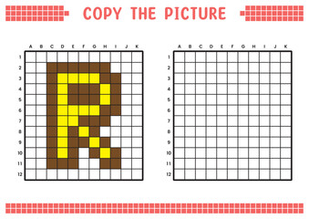 Copy the picture, complete the grid image. Educational worksheets drawing with squares, coloring cell areas. Preschool activities, children's games. Cartoon vector illustration, pixel art. Letter R.