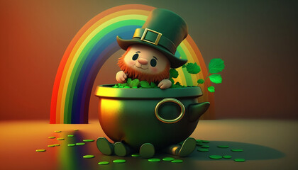 a cute leprechaun sitting on a pot of gold, background, wallpaper. Generative AI