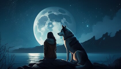 A serene moment captured in an illustration of a young woman and her dog enjoying a beautiful moonlit night.