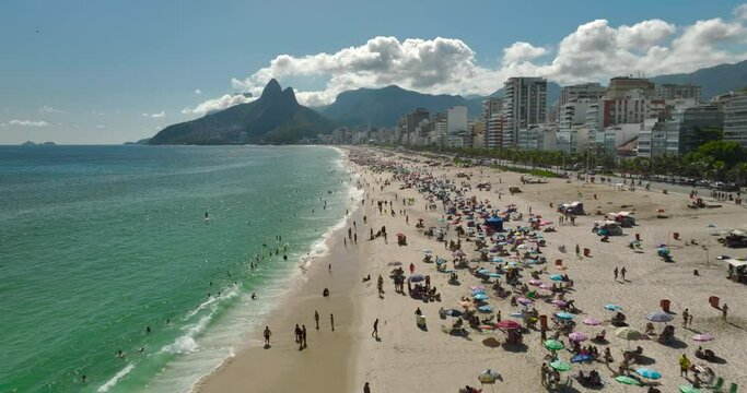 Aerial above people relaxing on Ipanema Beach in Rio de Janeiro