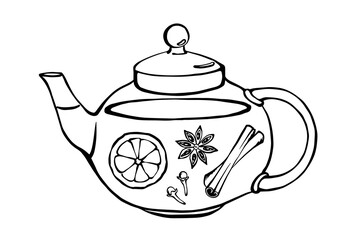 Teapot with spices inside monochrome hand drawn illustration.