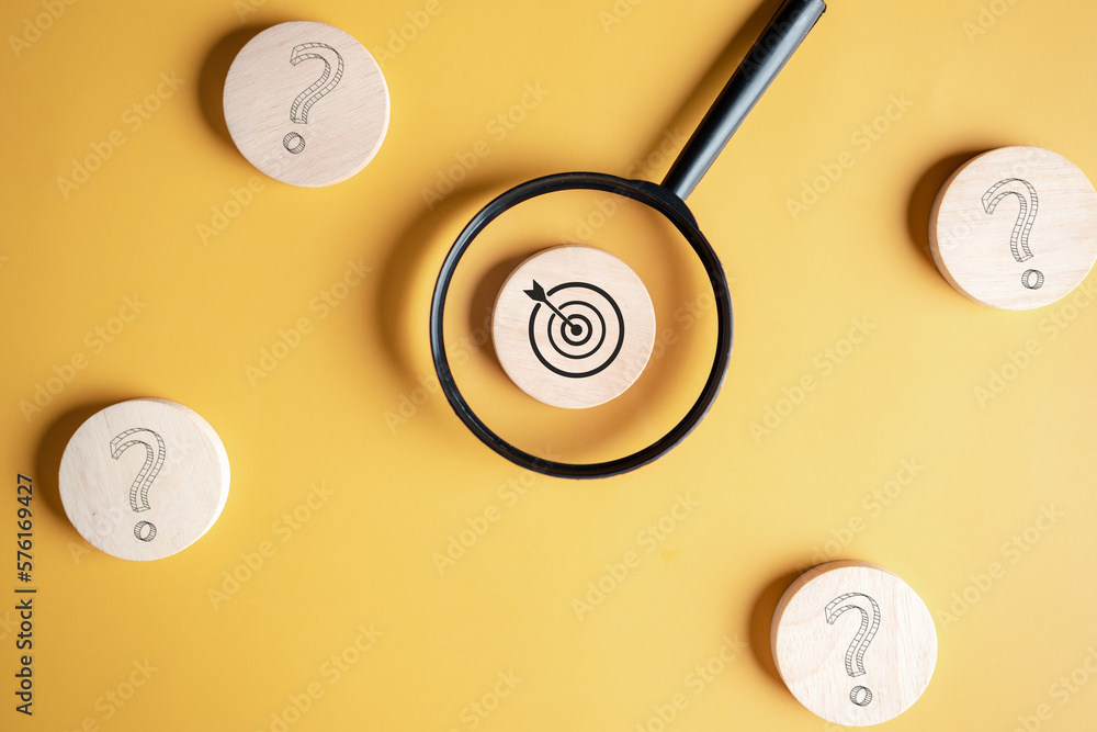 Aufkleber Magnifier focus to target solution target which among question icon, successful business and thinking solution strategy concept.