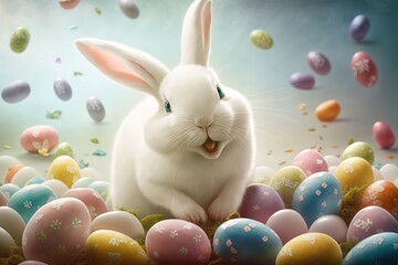 Fototapeta na wymiar cute white Happy Easter Bunny rejoices in the holiday surrounded by colorful eggs, generative AI