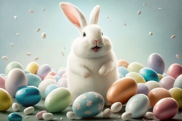 Obraz na płótnie Canvas cute white Happy Easter Bunny rejoices in the holiday surrounded by colorful eggs, generative AI