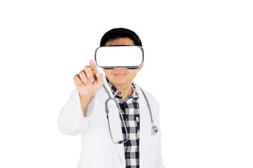 Asian male doctor wearing virtual reality glasses touch screen isolated on white background