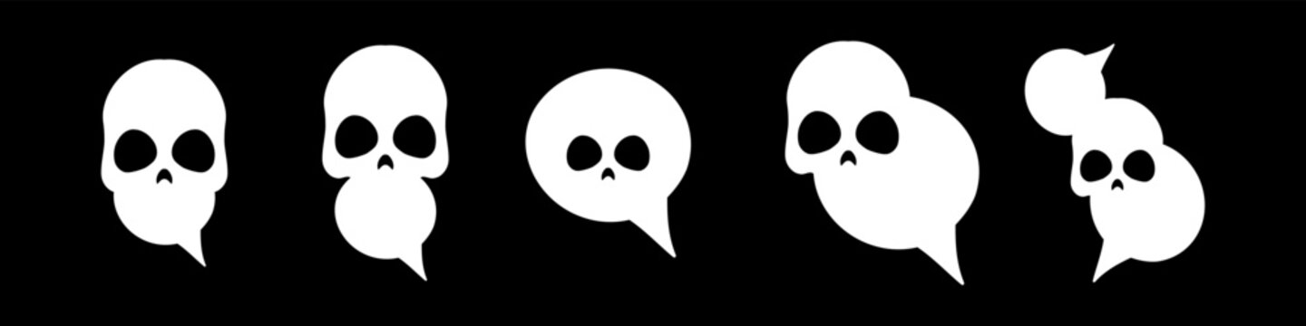 White speech bubble skull icons set. Comment icons illustration in gothic style. Modern icons for social media and app. Vector isolated on black background.