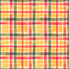 Checkered seamless pattern with watercolor brush strokes. Red, yellow, green plaid background.