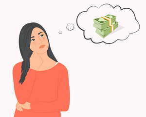 Beautiful woman contemplating money solving her financial problems on white background.Finance concept vector illustration.