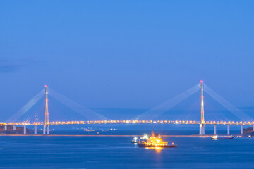 Suspended cable-stayed bridge from the mainland of the Far Eastern city to the Russian Island. The ships are in the roadstead in the Eastern Bosphorus Strait. Vladivostok, Russia.
