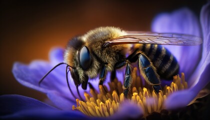 Macro Photograph of Honey Bee on a purple flower, horizontal, High Resolution, Generative AI
