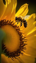 macro photograph of a honey bee on a yellow sunflower, high resolution