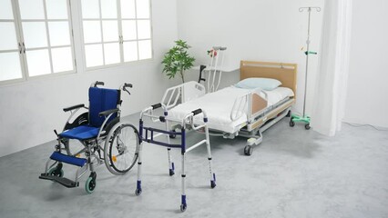 Empty hospital room with nursing care products.