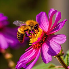 Macro Shot of Honey Bee On Pink Purple Flower, High Resolution