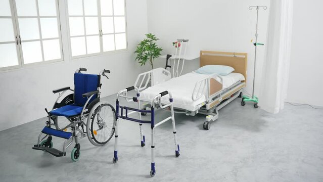 Empty hospital room with nursing care products.