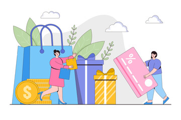 Rewards and loyalty program concept with people characters. Online shopping promotion offers for regular customers. Outline design style minimal vector illustration for landing page