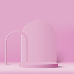 3d pink color podium and minimal pink color wall scene. 3d podium minimal abstract background. Pastel color abstract room design. Vector