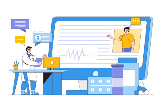Online doctor at work concept. Medical consultation, support, healthcare services. Outline design style minimal vector illustration for landing page, web banner, hero images