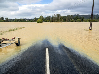 Flooded rural road during cyclone Gabrielle.