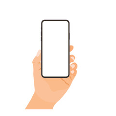 Vector illustration of phone mockup, hand holding smartphone, empty screen, application on touch screen device for digital resources isolated on white background 
