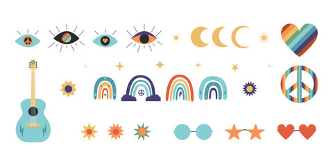 Flat vector hippy boho illustration. Hand drawn retro groovy elements