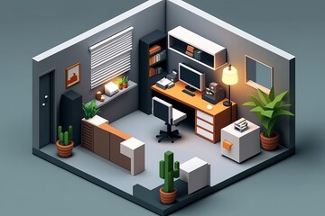 3d isometric room with modern building background
