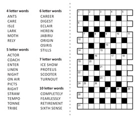 Crossword puzzle game: fill in the blanks with the words (from ANTS to SIXTH SENSE) provided
