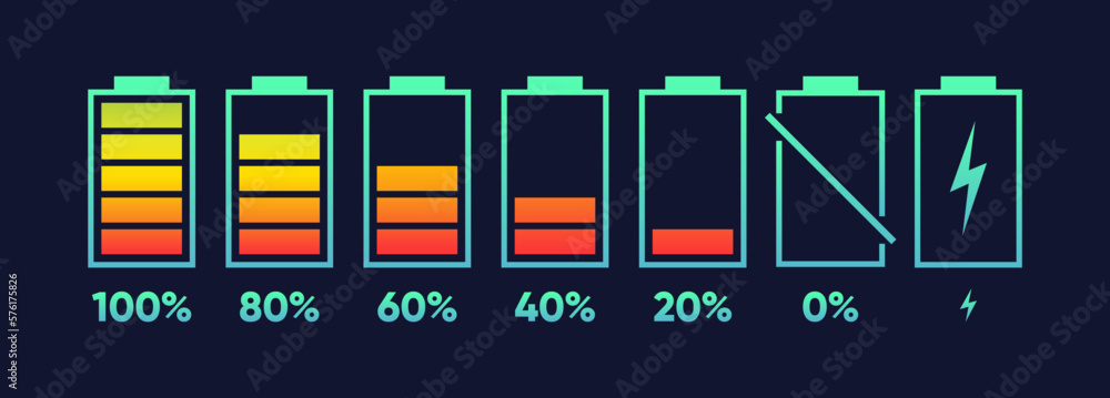 Poster battery charge progress indicator icons collection. battery charge in different level progress. full