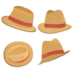 Vector illustration set of man and woman hats. Stylish male and female headwear. Elegant panama and straw hat. Fashion theme for digital resources.
