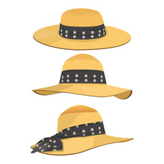 Vector illustration set of man and woman hats. Stylish male and female headwear. Elegant panama and straw hat. Fashion theme for digital resources.