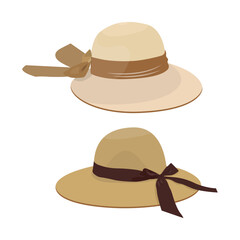 Vector illustration set of man and woman hats. Stylish male and female headwear. Elegant panama and straw hat. Fashion theme for digital resources.