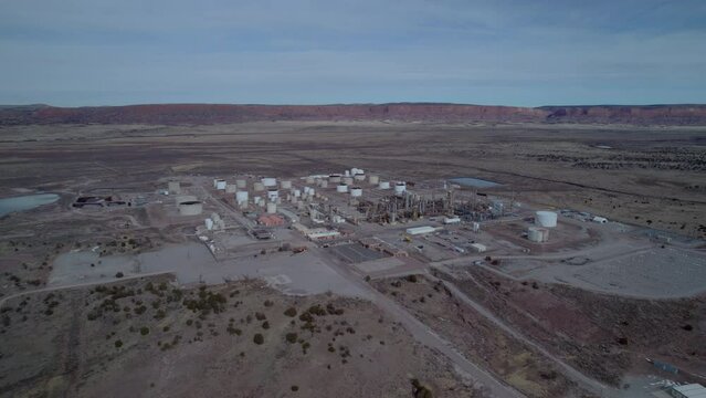 Aerial View On Chemical Factory Is In Deserts New Mexico State. Factory Produces Oil And Gas For Cars And Tractor.