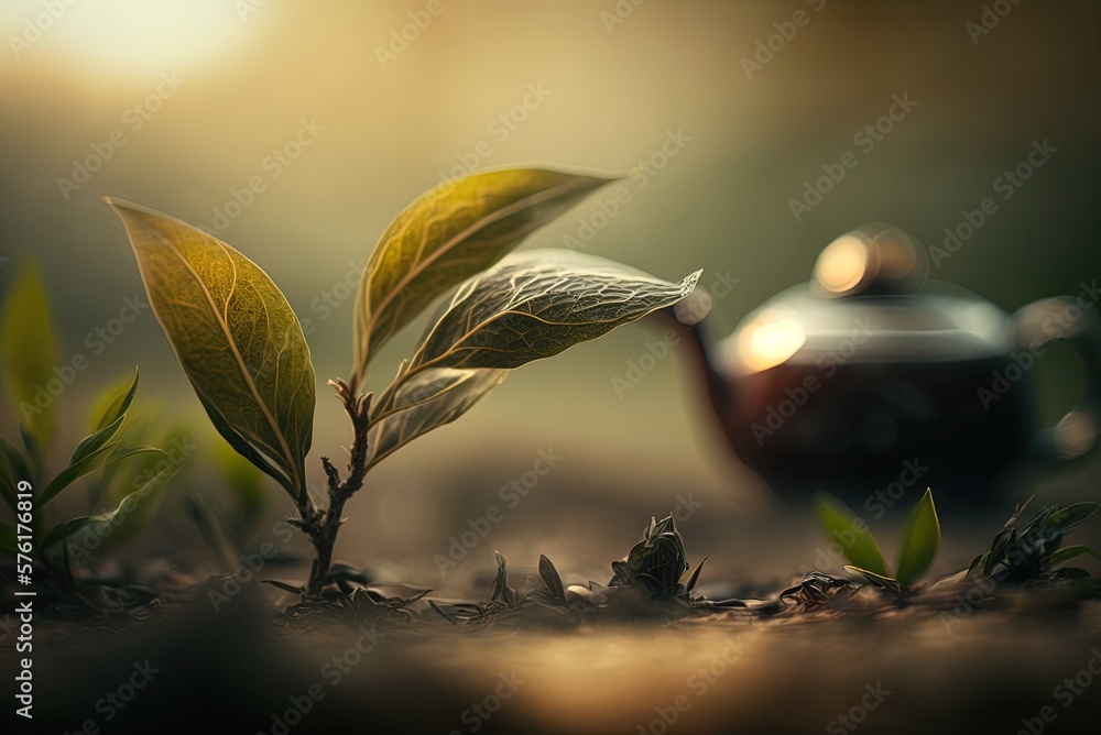 Poster a hazy backdrop and several tea leaves. generative ai