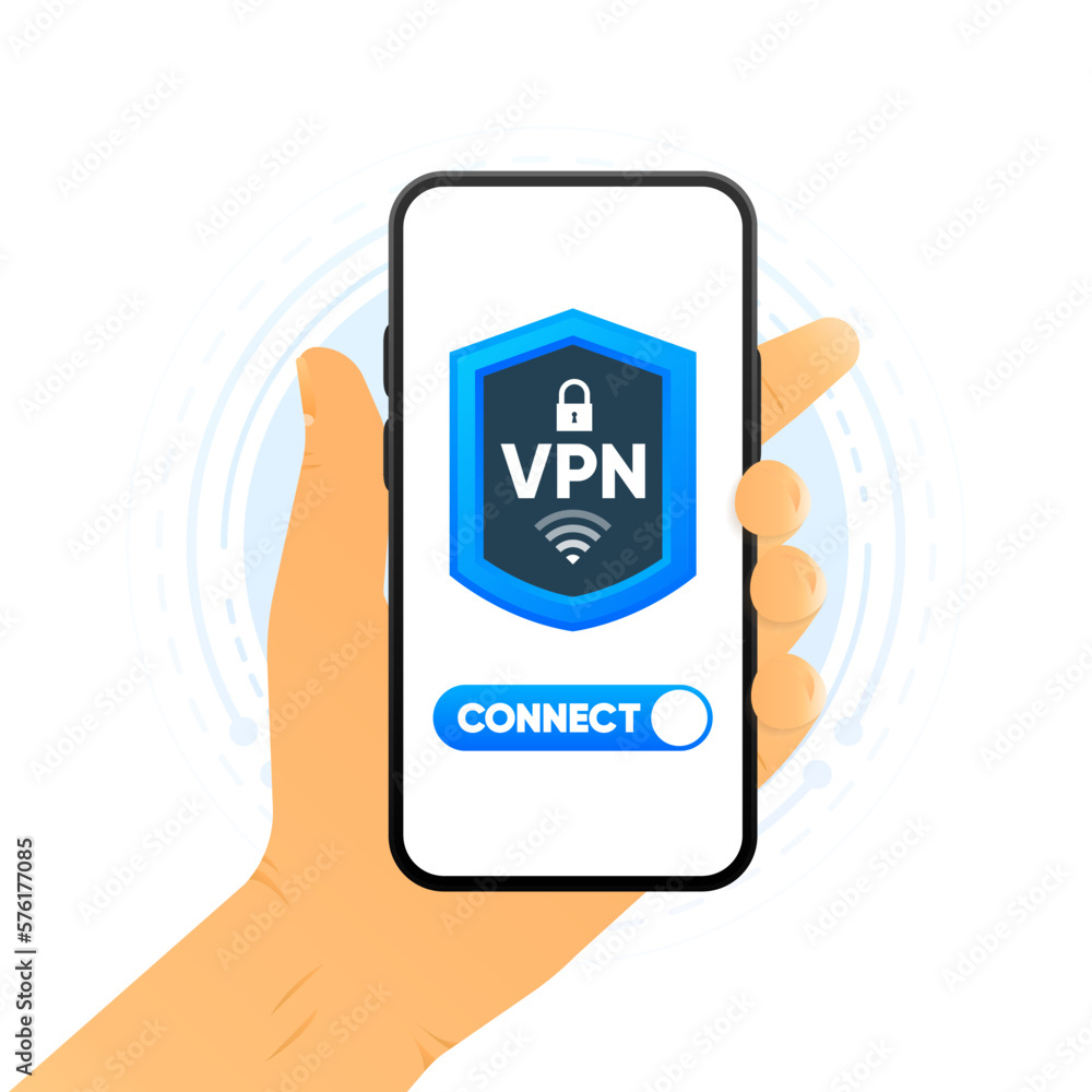 Poster using vpn on device. protecting personal data with vpn service. private network, cyber security, sec
