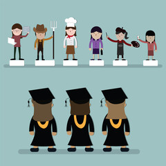 A group of young women wearing a graduation suit  stand and choose a job description - vector