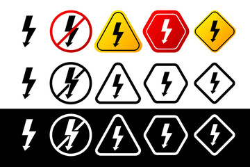 Collection of voltage warning signs in different color and design. Danger sign, warning sign, attention sign. Attention icon warning of danger. Vector illustration.