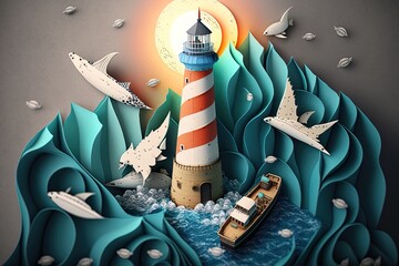 Generative AI a top view paper art of Lighthouses and whales on the sea, sunny. Perfect for your project, texture, blog,gift paper, wrapping and environment. - obrazy, fototapety, plakaty