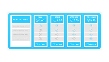 Pricing table. Business plan pricing template. Vector compare price design.
