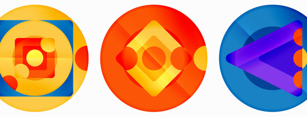 Trendy minimal geometric abstract background. Triangles, squares and circles bright colors backdrop. Vector Illustration For Wallpaper, Banner, Background, Card, Book Illustration, landing page