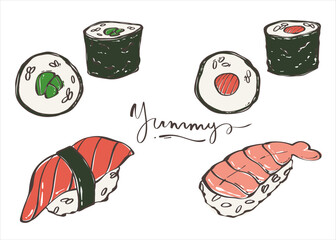 Set of sushi and roll with fish. Asian food. Japanese rolls with seafood and rice. Logo for the brand. Vector illustration for any design.