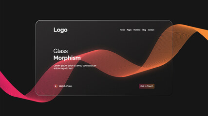 Website landing page template in glassmorphism style. Horizontal Website screen with glass overlay effect isolated on abstract background with liquid gradient shapes. Vector illustratio