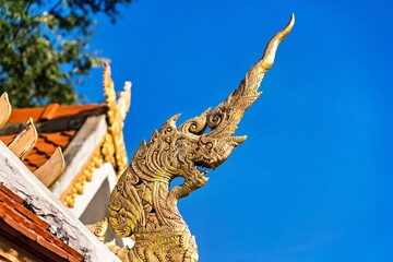 heads of Naka or Naga or serpent in buddhist temple in Thailand