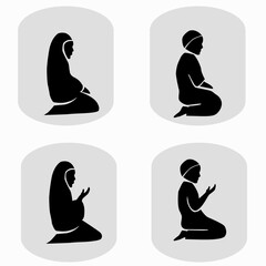 Muslim men and women praying sign symbol logo icon. Silhouette icon set includes 4 versions of islamic prayer in different poses. Vector illustration.