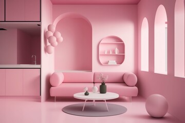 Modern and Minimalist pink Living Room Interior - Spacious, Sleek and Serene with Natural Light and Open Concept Design, Home Decor and Inspiration generative ai 