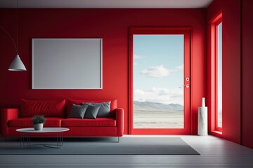 Modern and Minimalist red Living Room Interior - Spacious, Sleek and Serene with Natural Light and Open Concept Design, 3D Home Decor and Inspiration generative ai 
