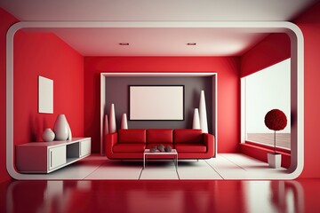 Modern and Minimalist red Living Room Interior - Spacious, Sleek and Serene with Natural Light and Open Concept Design, Home Decor and Inspiration generative ai 