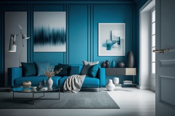 Modern and Minimalist blue Living Room Interior - Spacious, Sleek and Serene with Natural Light and Open Concept Design, Home Decor and Inspiration generative ai 