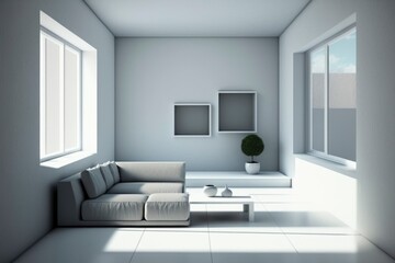 Fototapeta na wymiar Modern and Minimalist White Living Room Interior - Spacious, Sleek and Serene with Natural Light and Open Concept Design, Home Decor and Inspiration generative ai 