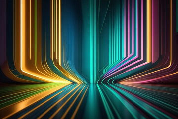 abstract background  bright neon rays and glowing lines, green teal blue yellow creative wallpaper