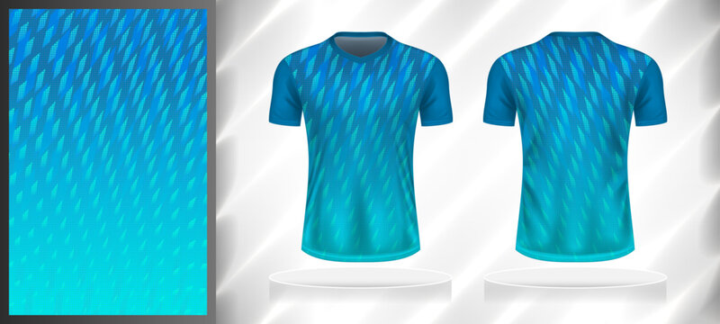 Vector sport pattern design template for V-neck T-shirt front and back with short sleeve view mockup. Shades of blue color gradient abstract halftone geometric texture background illustration.