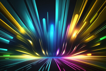 abstract background  bright neon rays and glowing lines, green teal blue yellow creative wallpaper